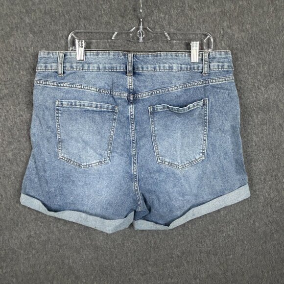 BloomChic Denim Shorts Womens 16 Blue Distressed Rolled Hem Mid Rise Stretch Poc - Picture 13 of 16